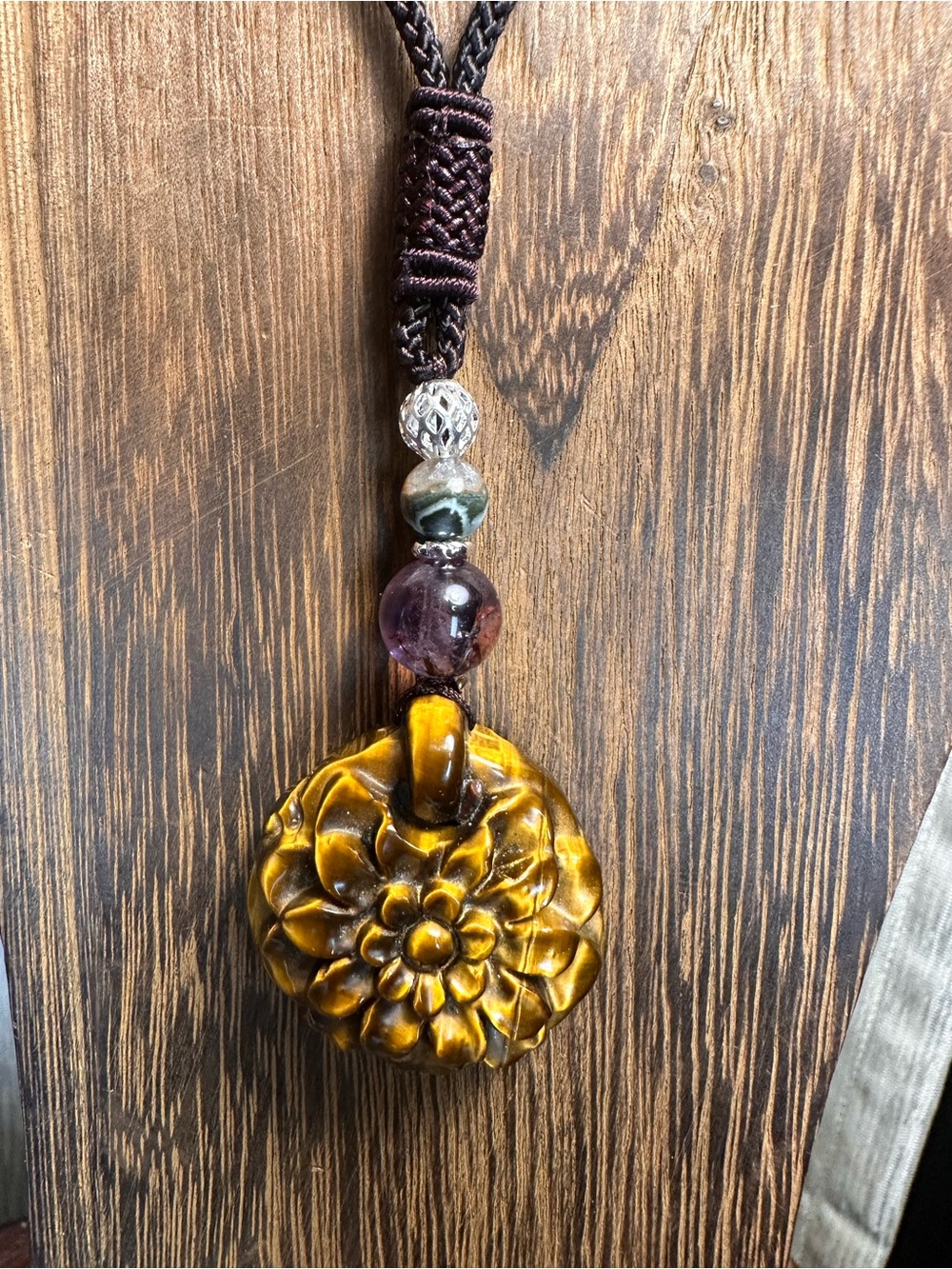 Tiger’s Eye Flower Pendant Necklace with Amethyst and Agate on Brown Rope - Picture 9 of 14
